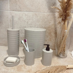Banyo Seti 5'li Krem Çöp Kovası Wc Fırçalık Sıvı Sabunluk Katı Sabunluk