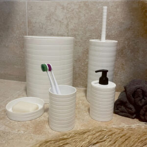 Banyo Seti 5'li Beyaz Çöp Kovası Wc Fırçalık Sıvı Sabunluk Katı Sabunluk